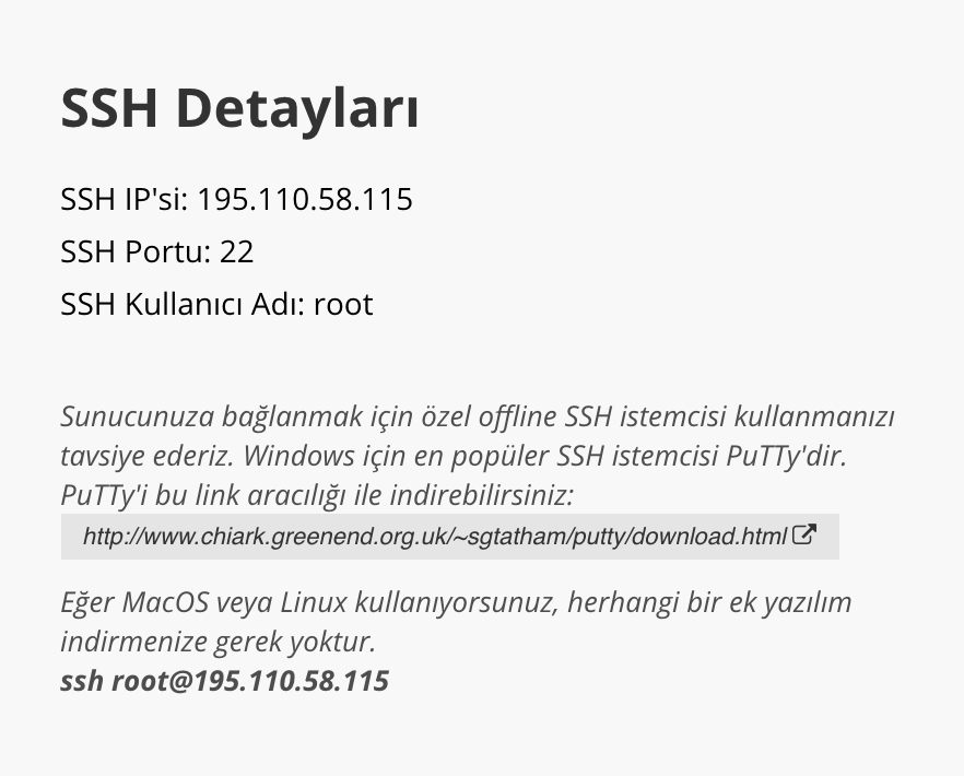 Putty istemcisi için VPS SSH Detayları