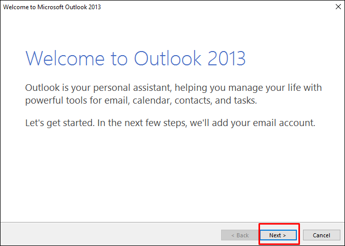 Outlook mail kurulumu karşılama ekranı