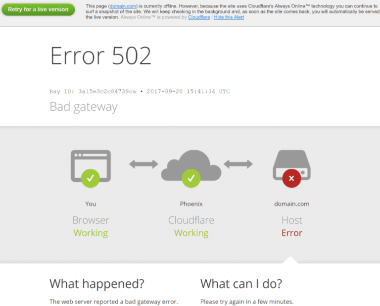 Cloudflare kullanımında 502 bad gateway hatası görünümü