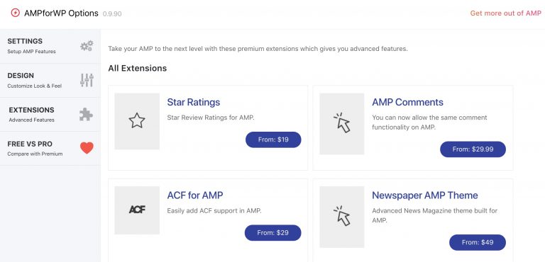 AMPforWP Extensions sayfası görünümü