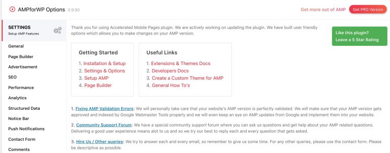 AMPforWP Plugin Settings sayfası görünümü