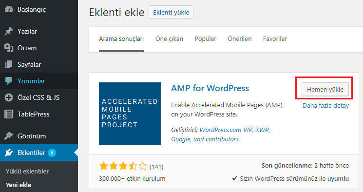 AMP for WordPress eklentisi görünümü