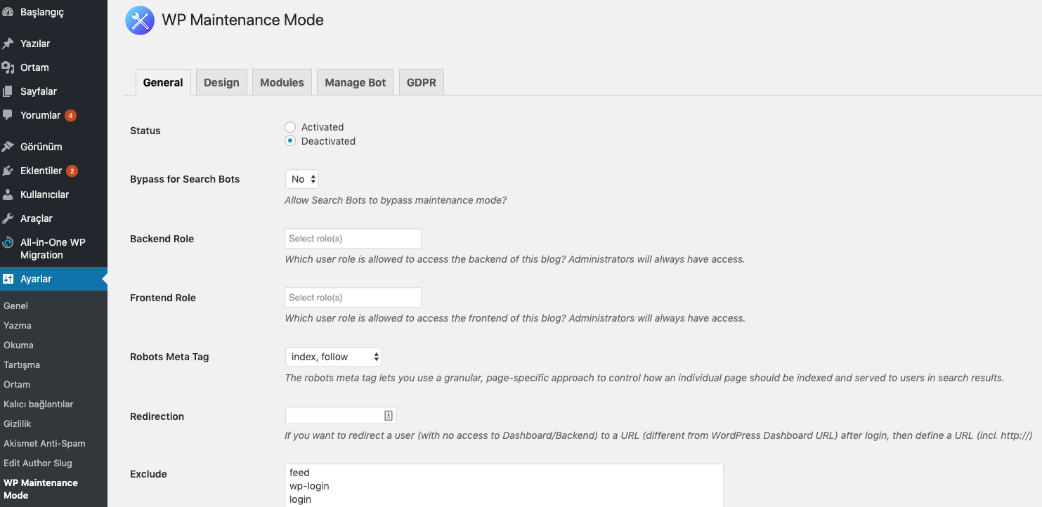 WP Maintenance Mode adlı WordPress bakım modu eklentisi.