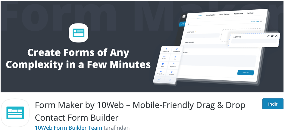 Form Maker by 10Web WordPress iletişim Formu Eklentisi