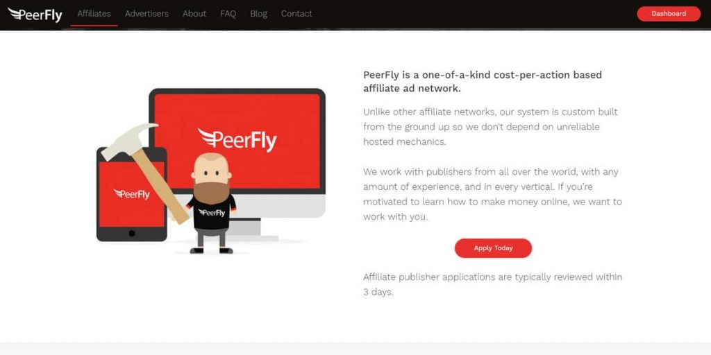 PeerFly ortaklık sitesinin iniş sayfası