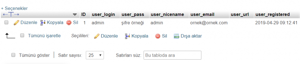 wp_users tablosundaki kullanıcılar