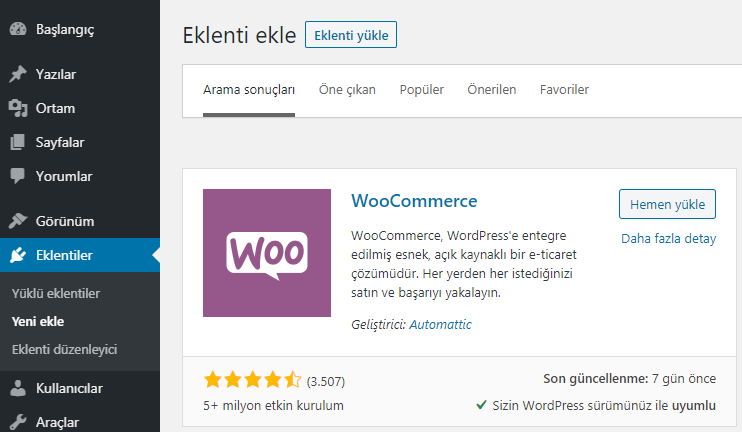 WooCommerce eklentisini WordPress'e ekleyin