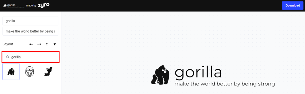 Zyro Logo Yapma Aracını kullanırken "gorilla" anahtar kelimesiyle arama yapmak