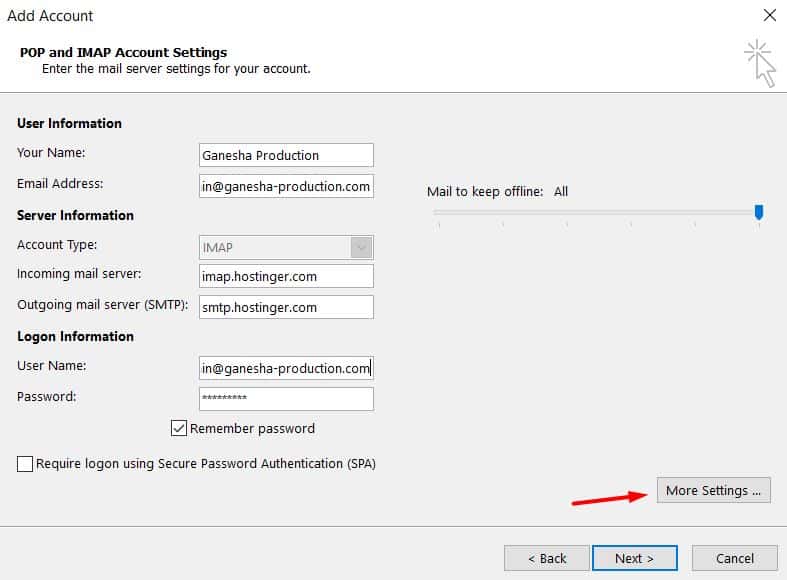 Microsoft Outlook 2013'de gelen ve giden sunucu ayarlarına IMAP bilgilerini girme.