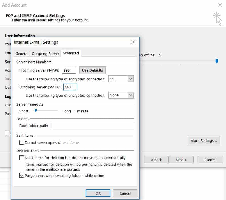 Microsoft Outlook 2013'de sunucu ve port ayarlarını yapılandırma.